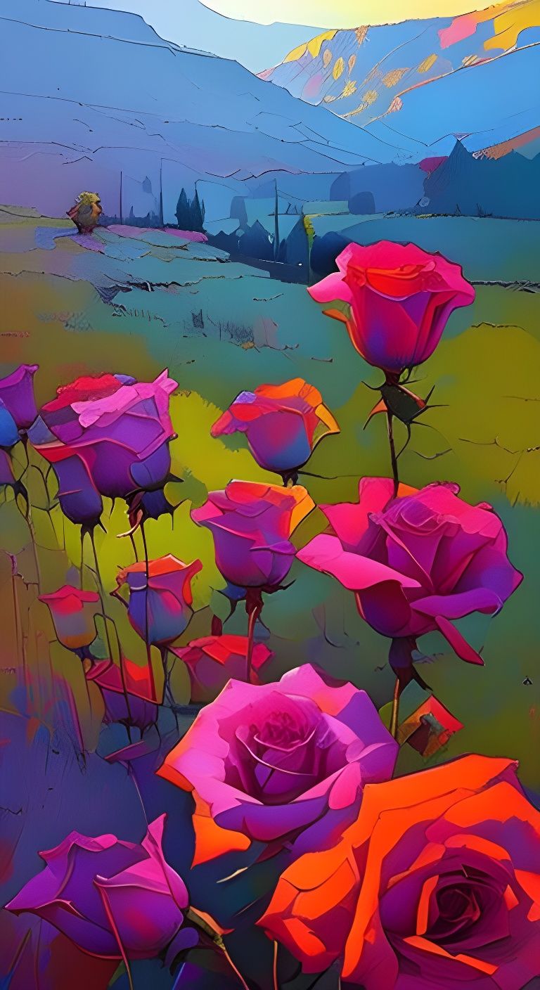 Roses with Colourful Shadows in Impressionist Style