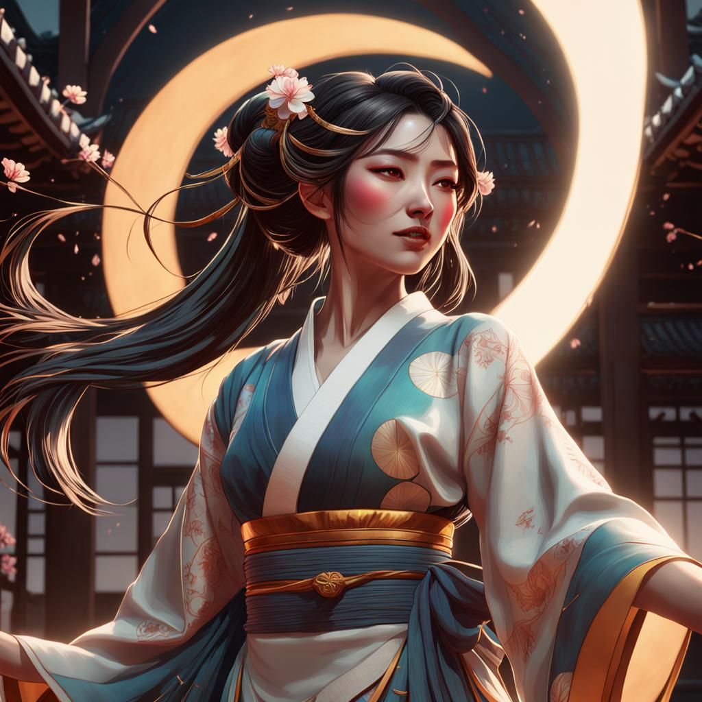 Girl Dancing on Crescent in Japanese Clothes