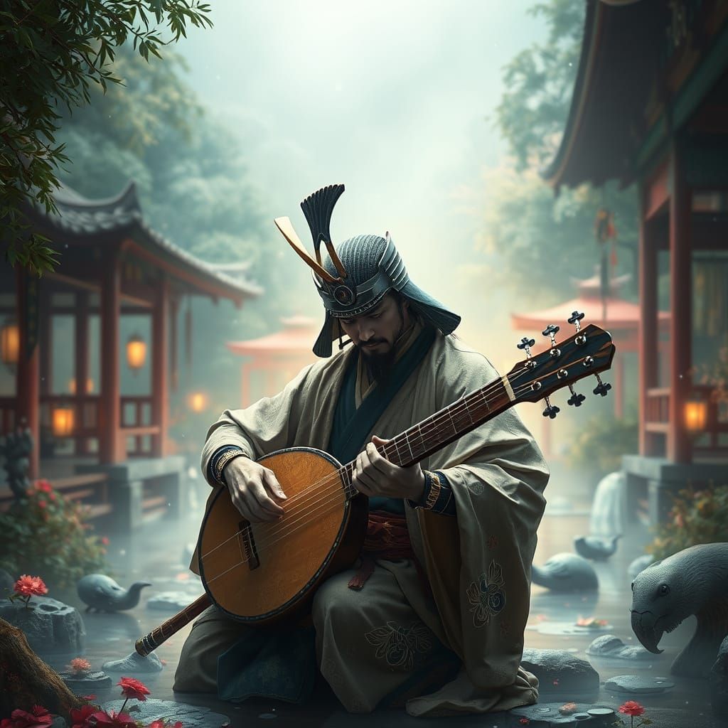 Ethereal Samurai in Fantastical Japanese Garden