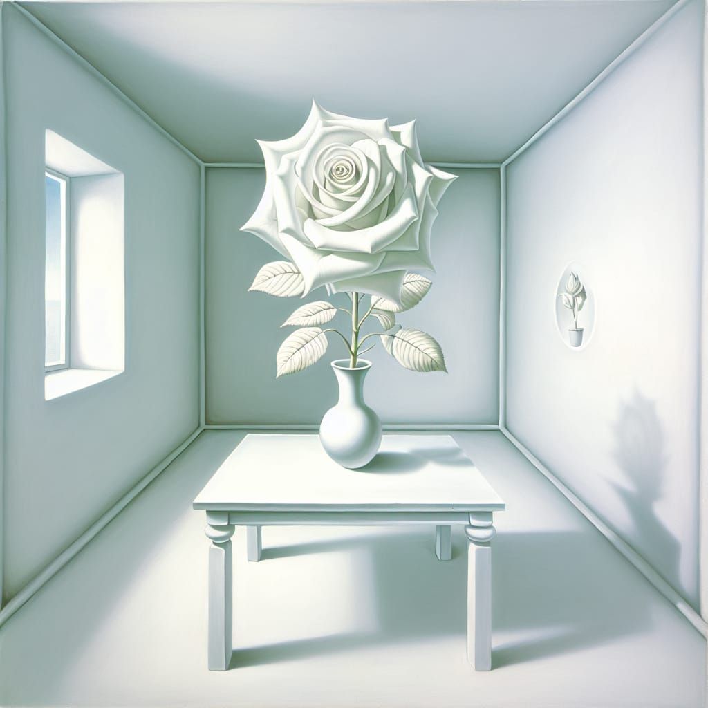 Surreal White Rose in White Room, Surrealist Style