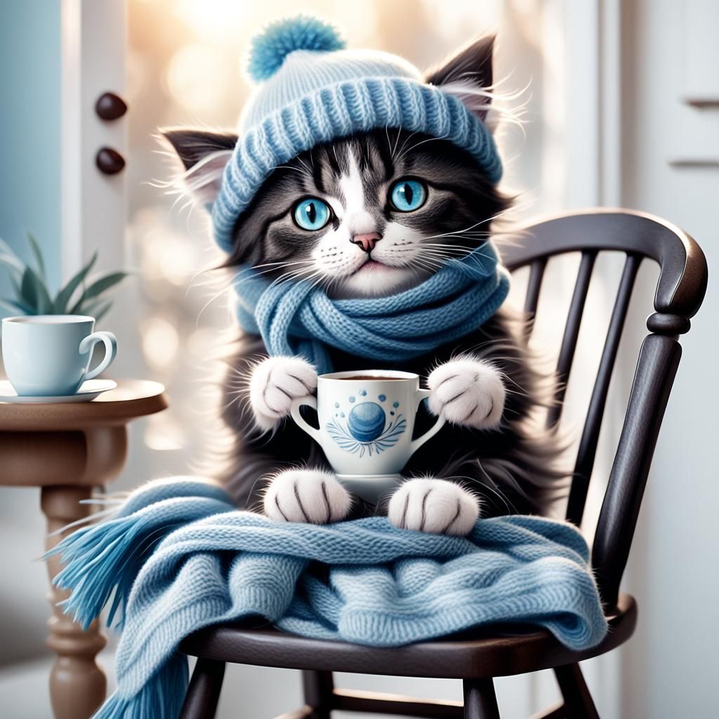 Cute Kitten with Coffee: Whimsical Children's Illustration