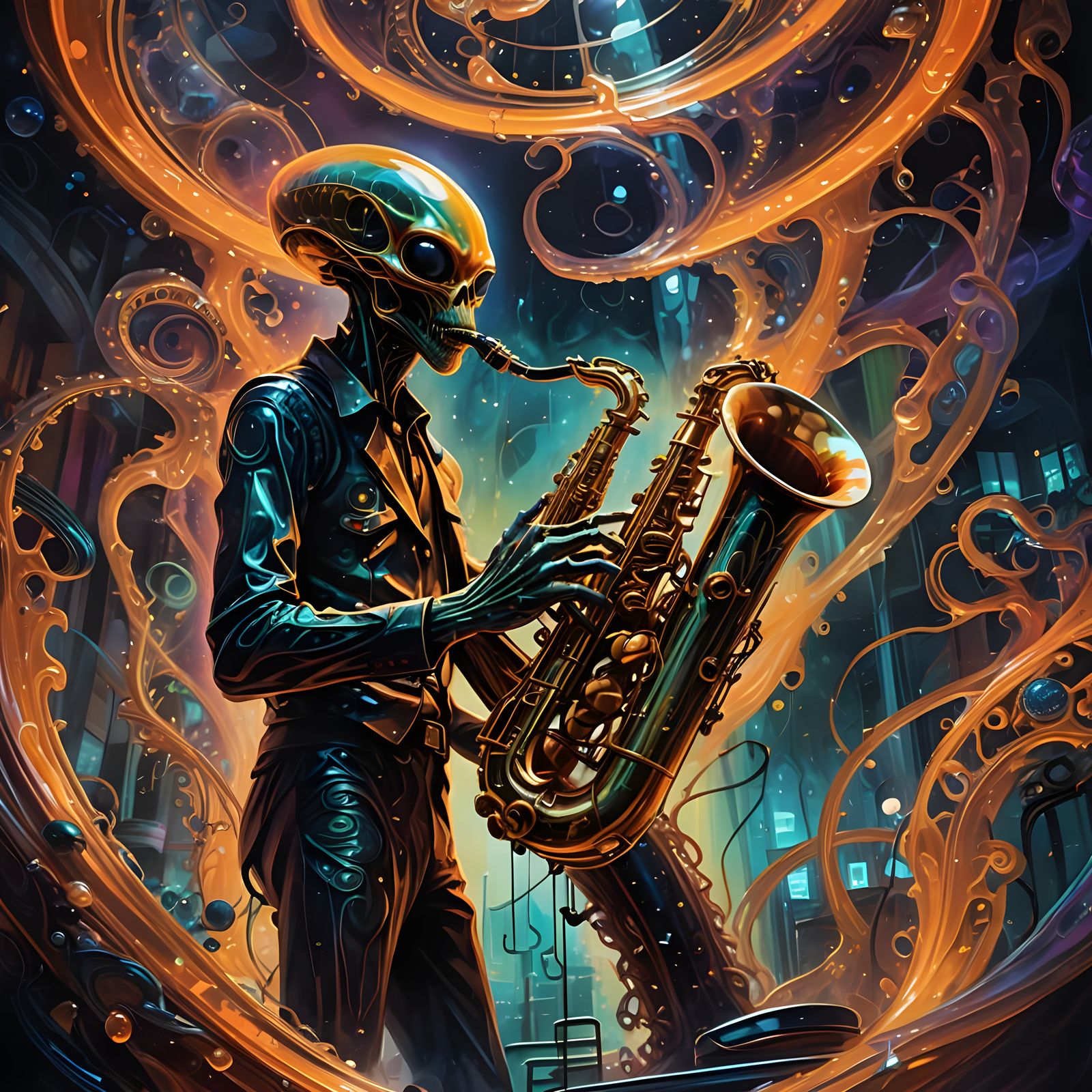 Alien Saxophonist on Glass Stage: Fantasy Concept Art