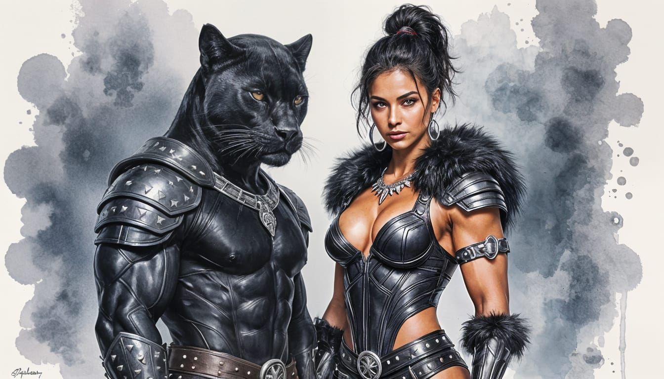 Amazonian Woman and Black Panther Portrait in Watercolor Sty...