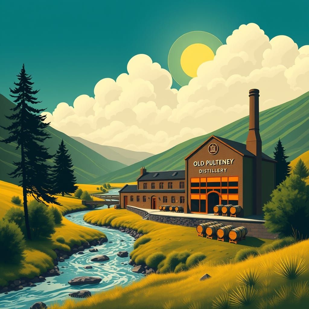 Art Deco Whiskey Distillery in the Scottish Highlands