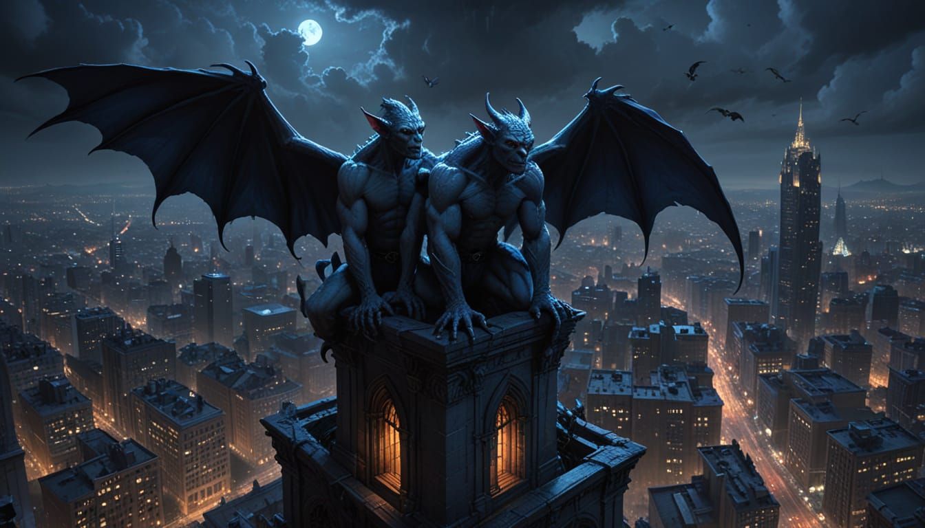 Surreal Twins Overlook City of Gargoyles in Digital Painting