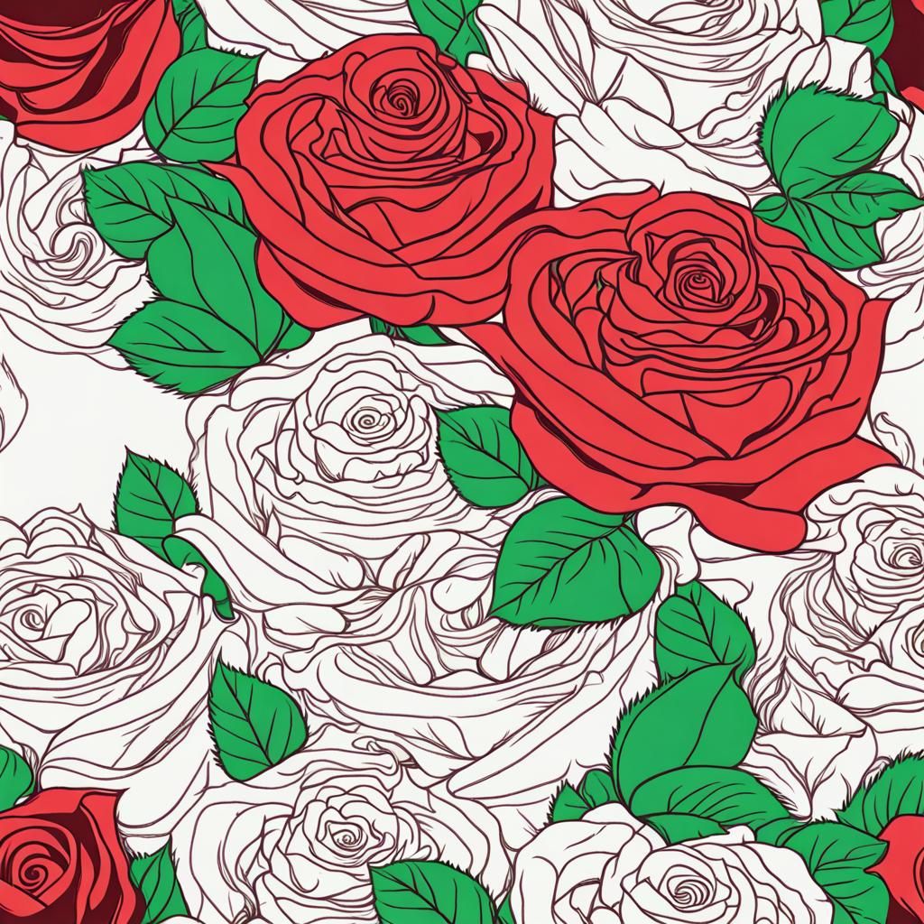 Complex Red and Green Rose Line Art