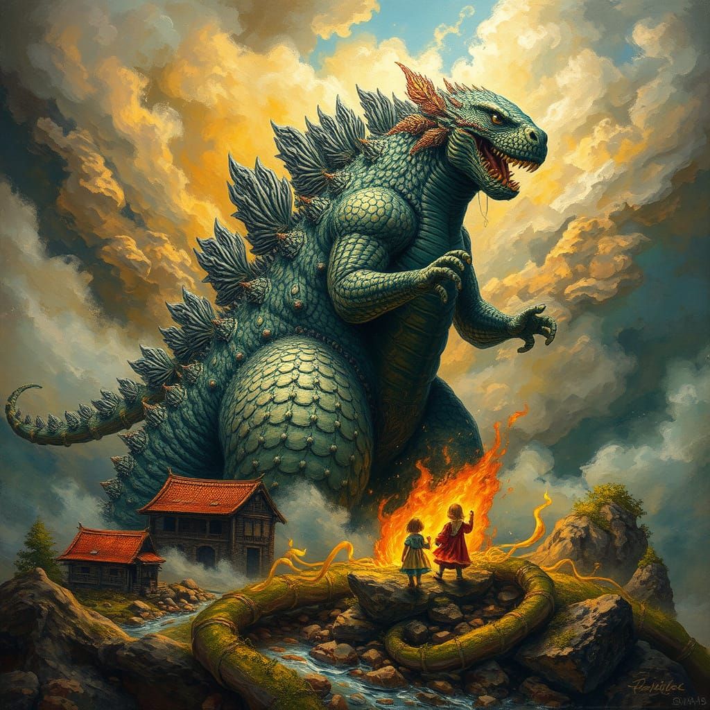 Godzilla, Tender Protector of Lost Children, in Surreal Styl...
