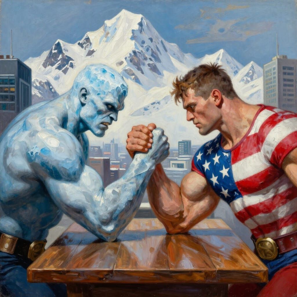 Giant Greenland Wrestles Muscular America in Epic Oil Painti...