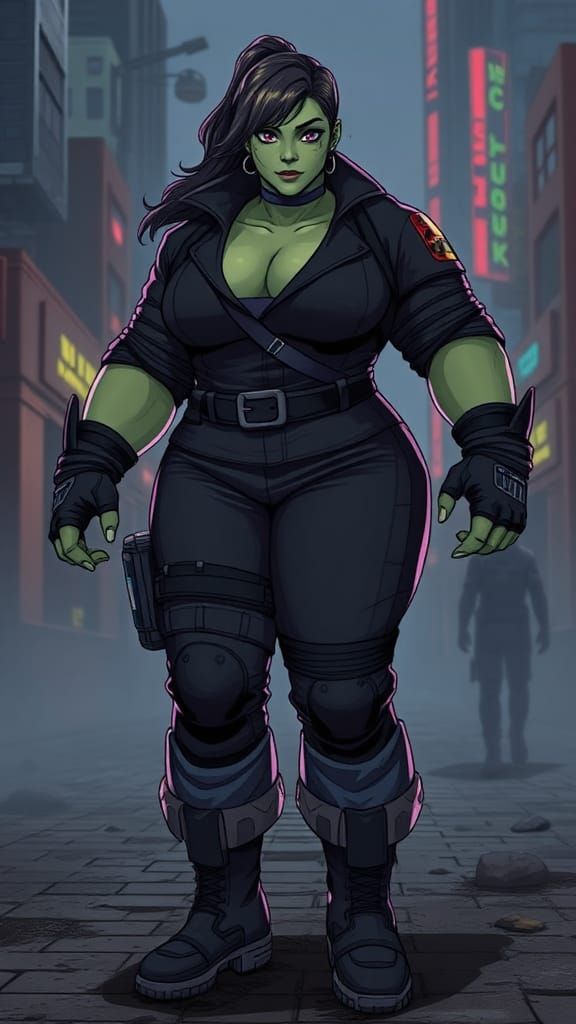Powerful Female Hulk in Dystopian Anime Style