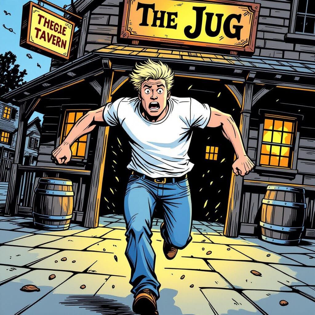 Comic Art: Man Flees Seedy Tavern in Whimsical Illustration