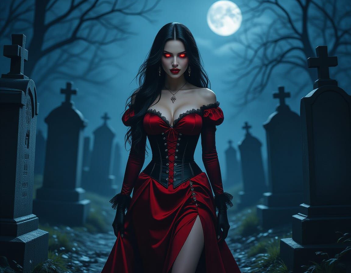 Vampire Woman in Red Dress in Gothic Graveyard