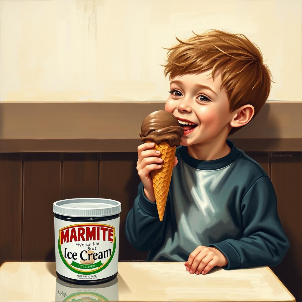 Happy Boy with Marmite Ice Cream: Hyperrealistic Painting