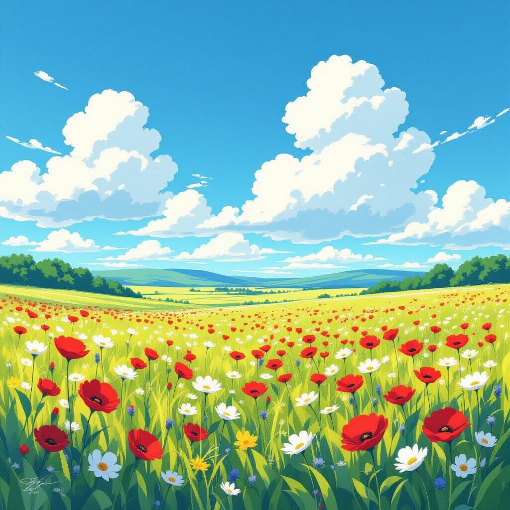 Tranquil August Landscape in Anime Key Visual Style