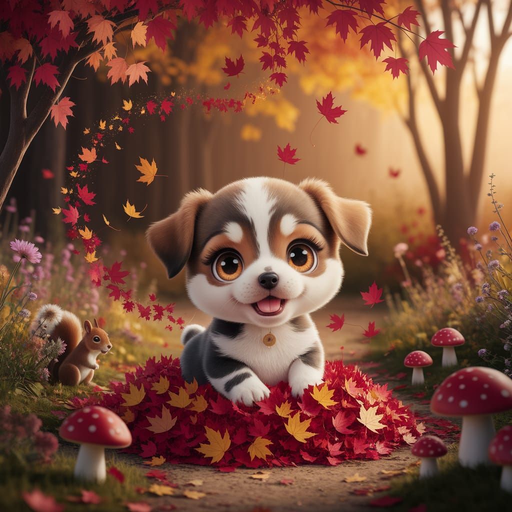 Adorable Chibi Puppy in Enchanted Autumn Forest
