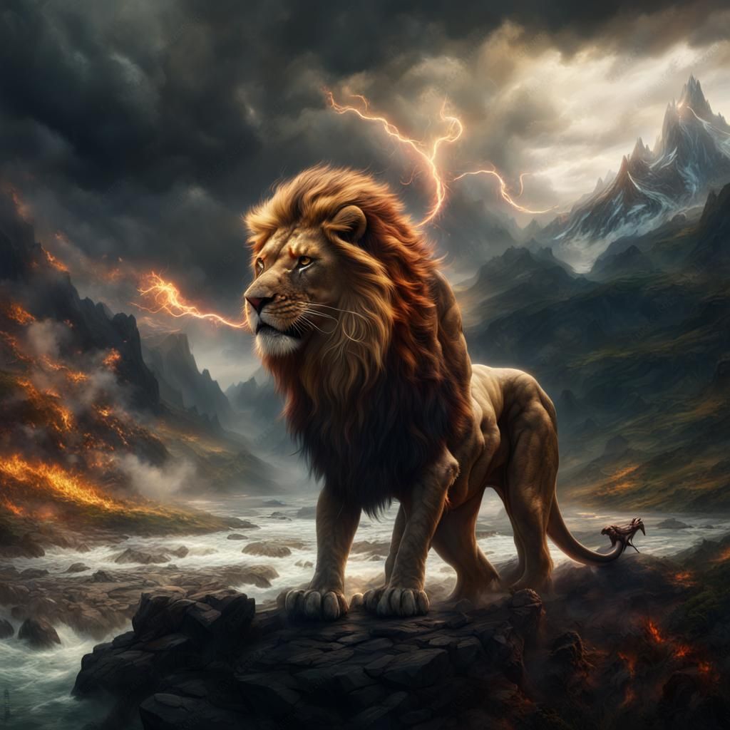 Epic Lion, Dragon, and Mountain Cinematic Scene