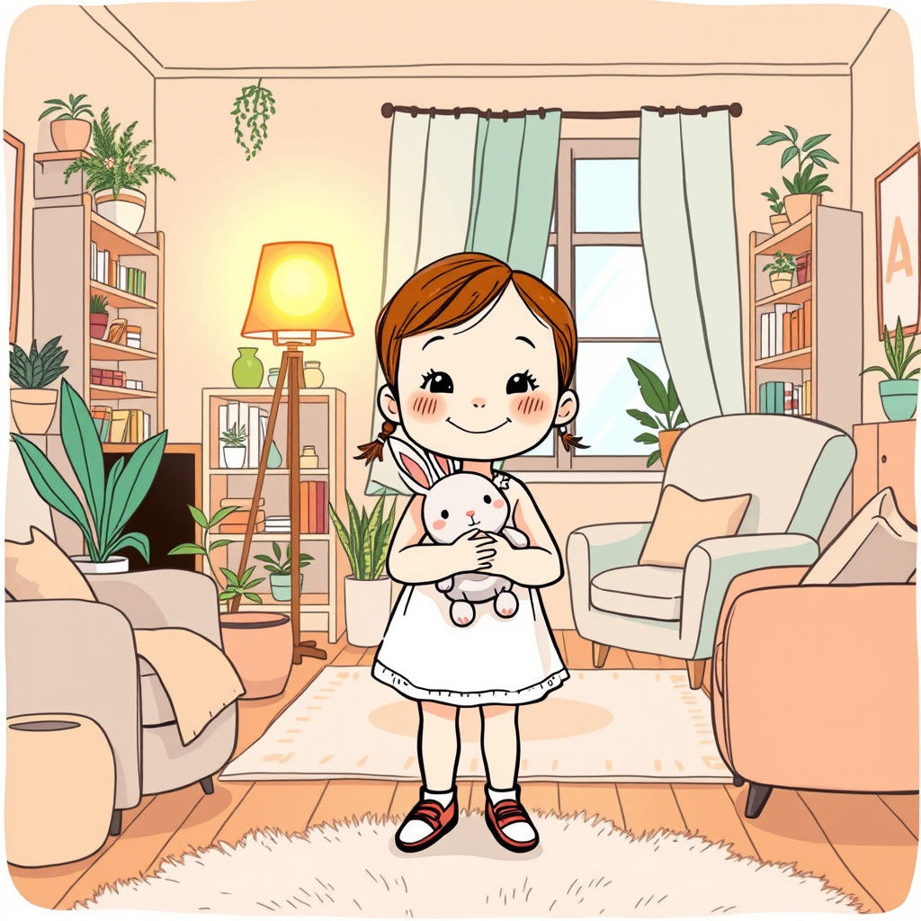 Girl with Bunny Doll in Cartoon Living Room