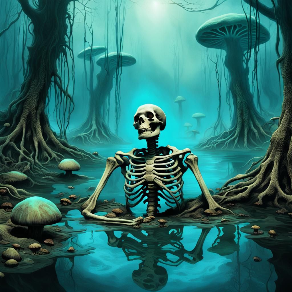 Eerie Skeleton in Misty River, Dark Fantasy Art