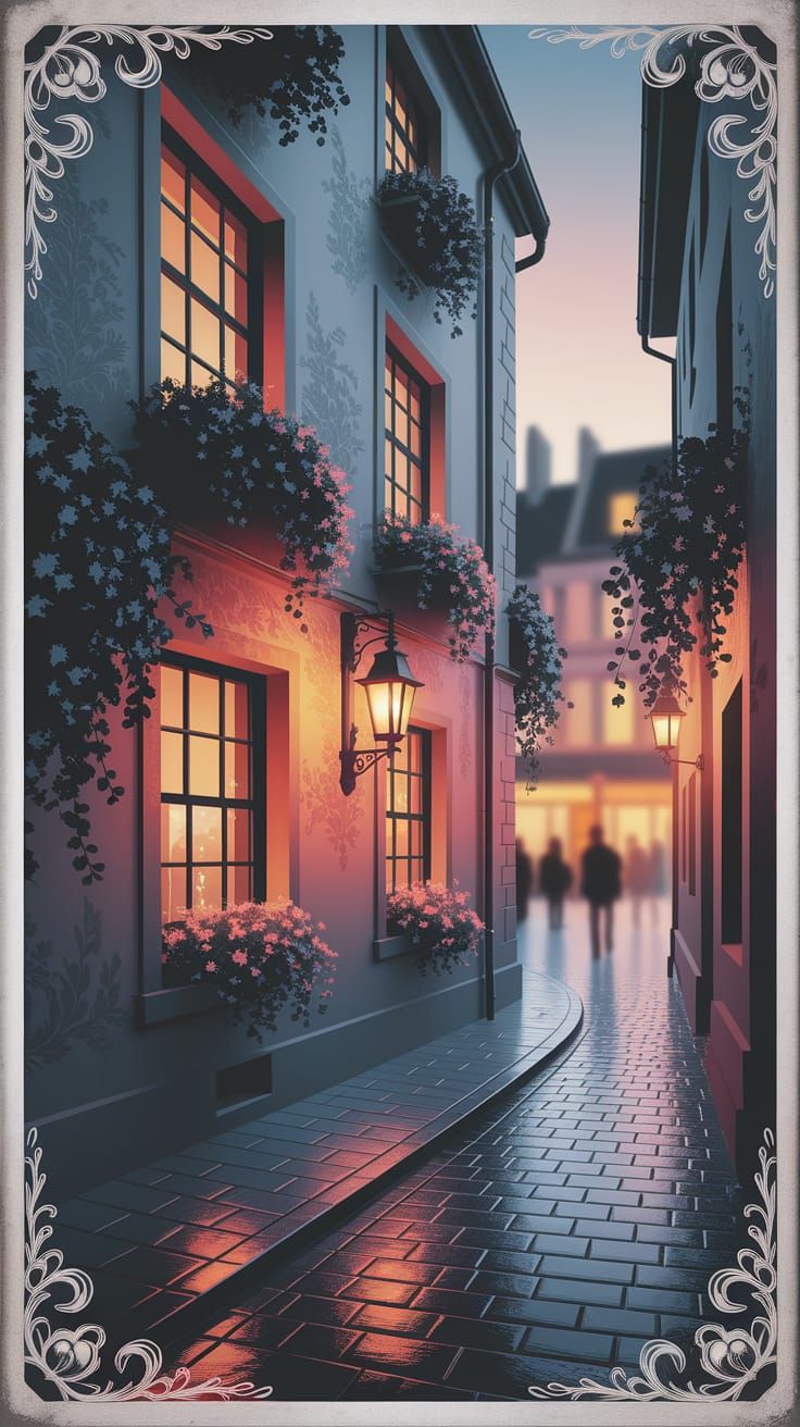 Dreamlike Alleyway Beside Warm Tavern