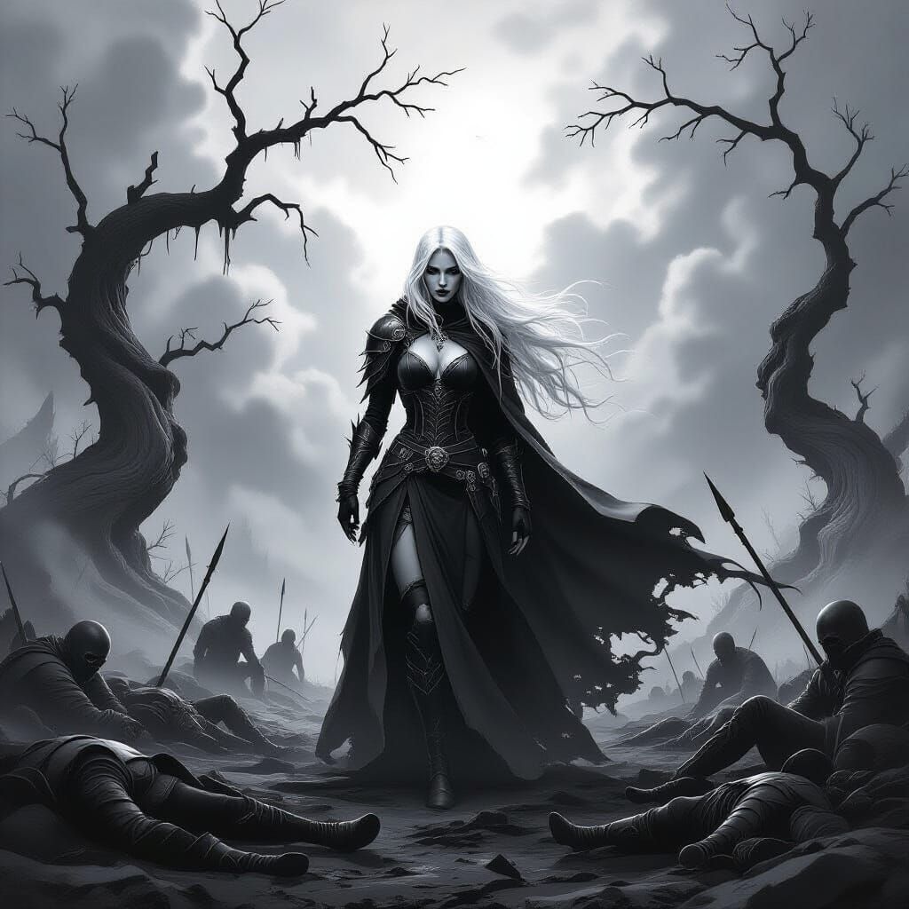 Lone Vampire Warrior in Shadowed Battlefield Sketch