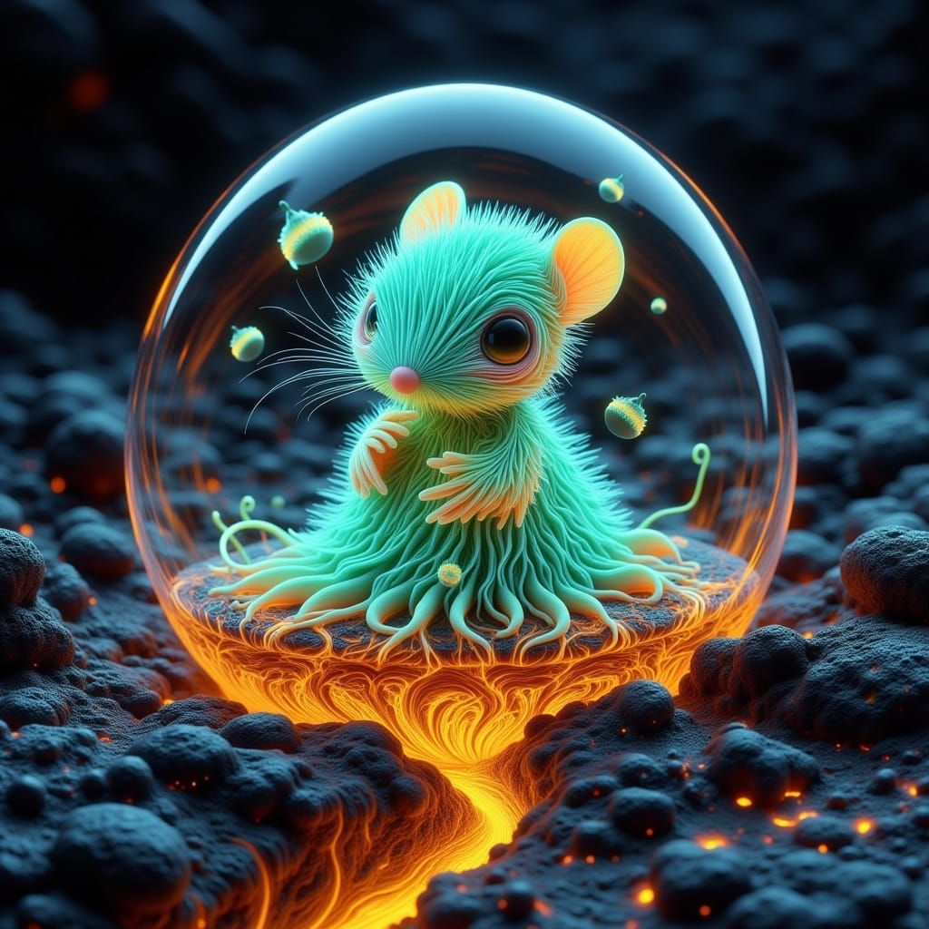 Phosphorescent Chibi Mouse in Amber Droplet