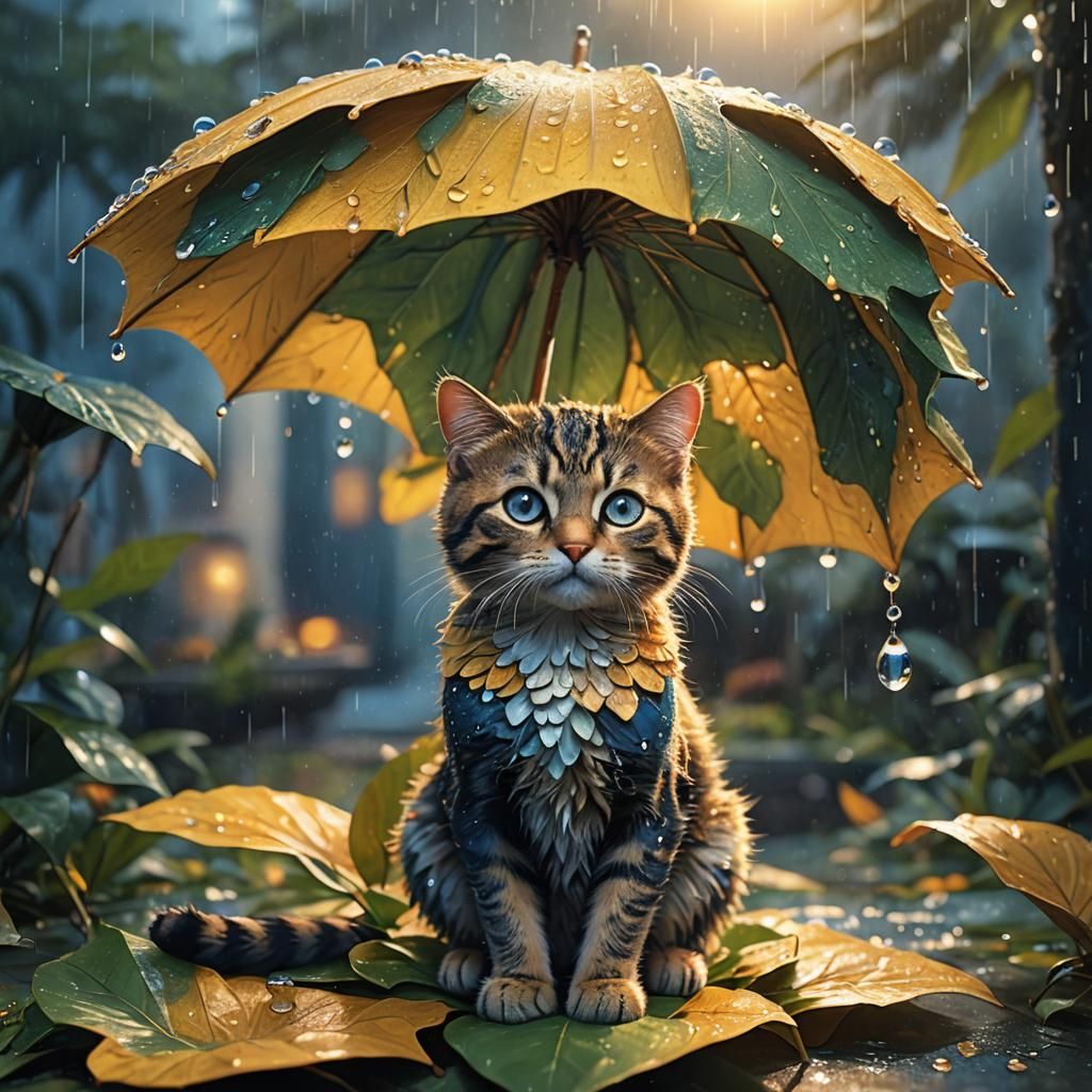 Cat Under Leaf Umbrella: Fantasy Concept Art