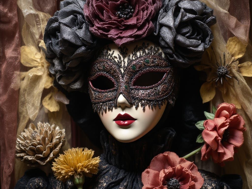 Woman in Carnival Mask with Iridescent Flowers, Cinematic St...