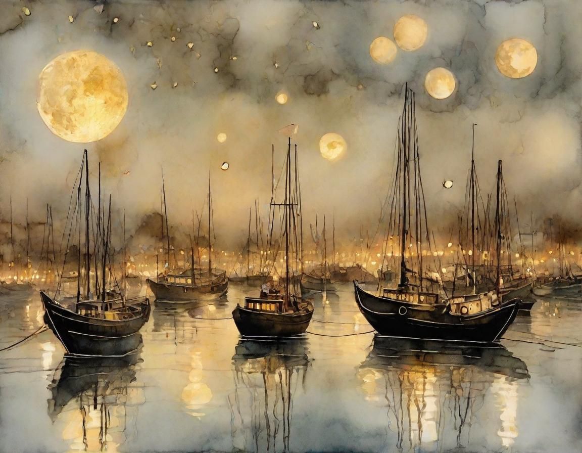 Lantern Boats on Misty Harbor in Romanticism Style
