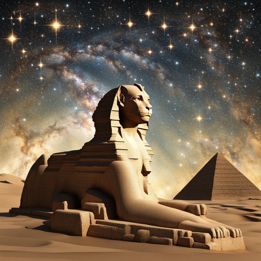 Celestial Cat-Sphinx in Ancient Starry Night