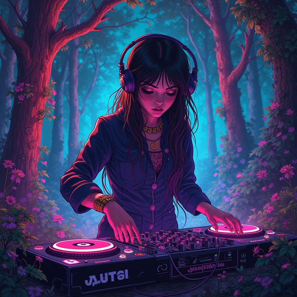 DJ Girl Spins Tracks in Psychedelic Neon Forest