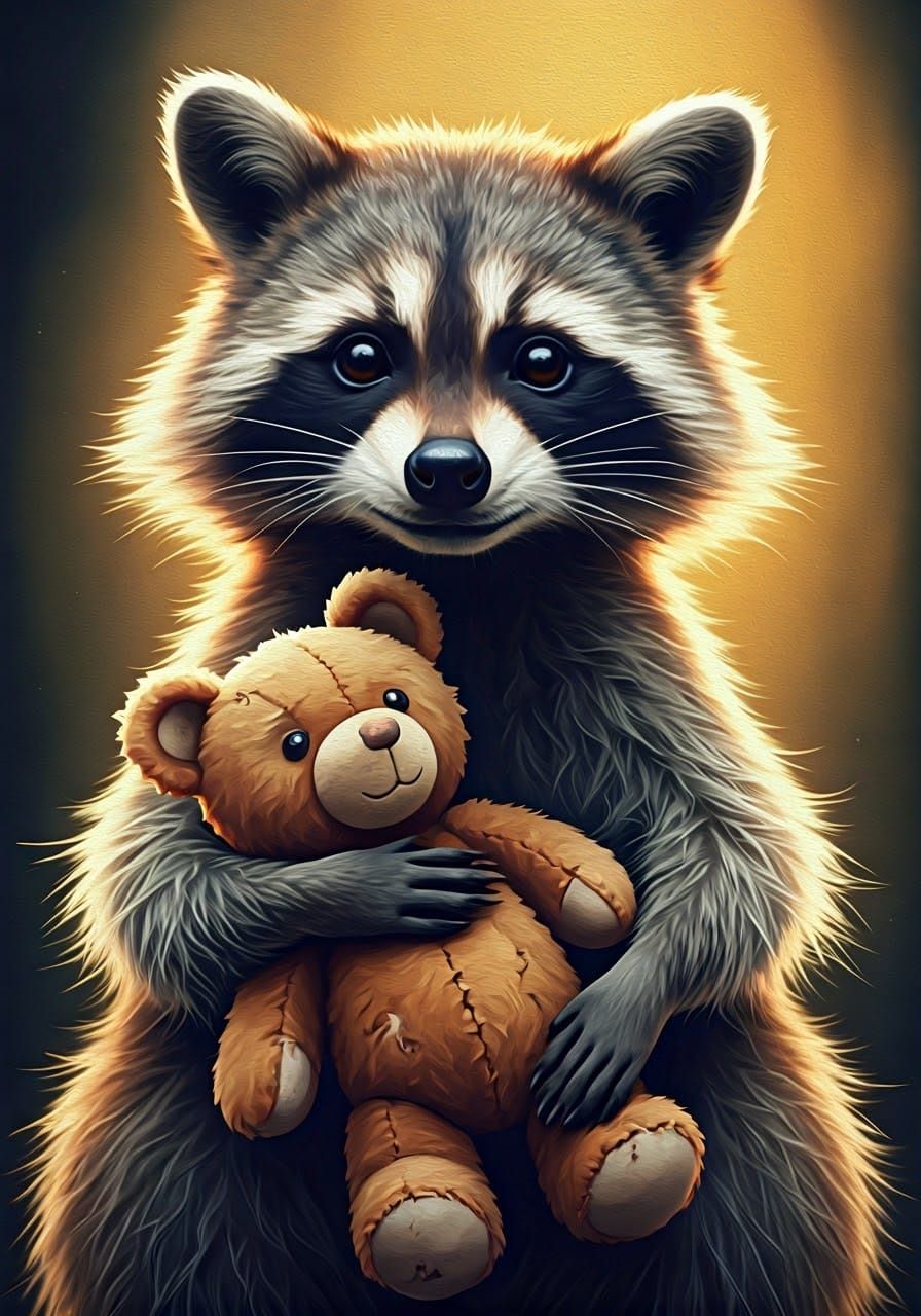 Raccoon and Teddy Bear Portrait in Expressive Oil Painting S...