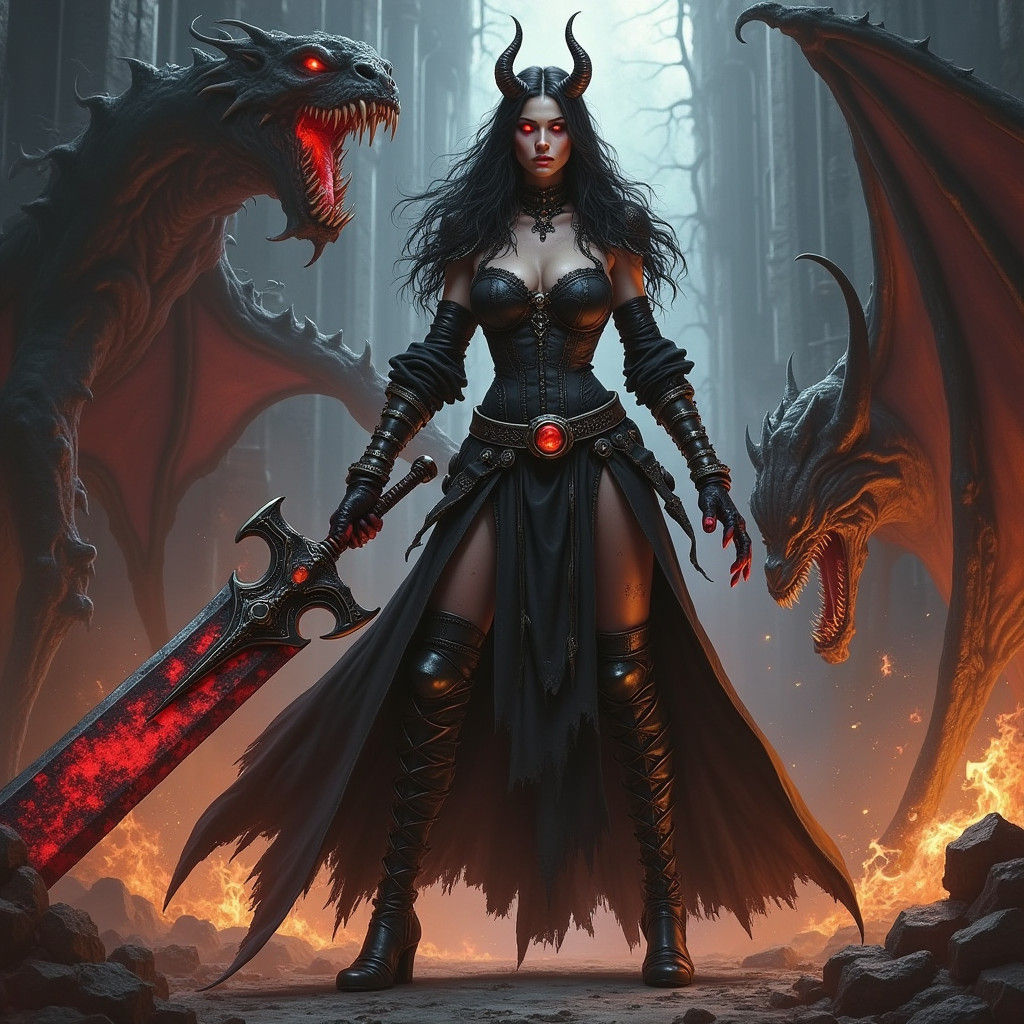 Tiefling Warlock Battles Beast in Dark Fantasy Art