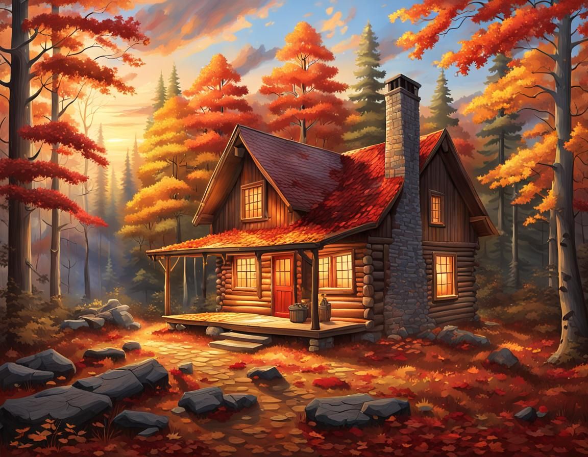 Autumn Cabin Retreat: Serene Forest Scene at Sunset