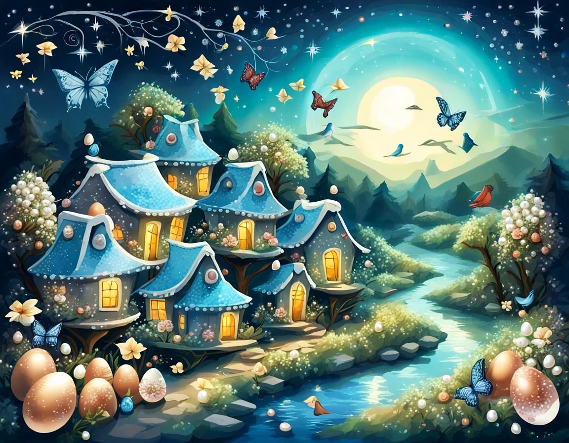 Pearlescent Magical Landscape with Sparkling Stream