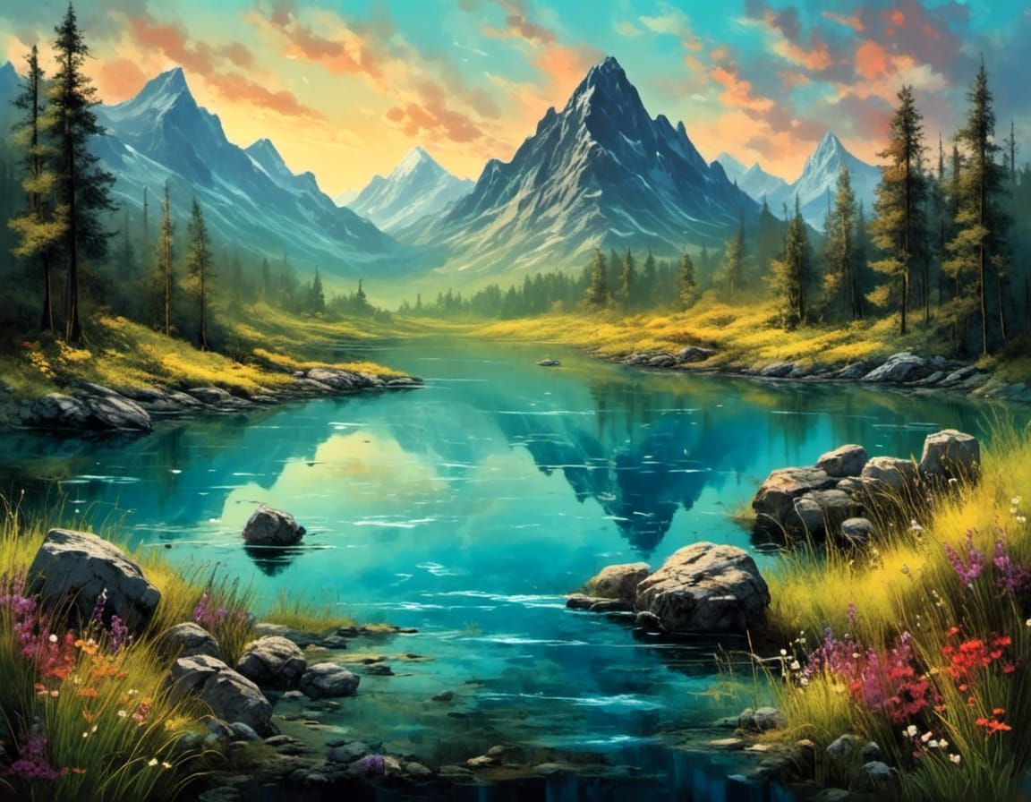 Mountain River Flows Into Valley of Flowers