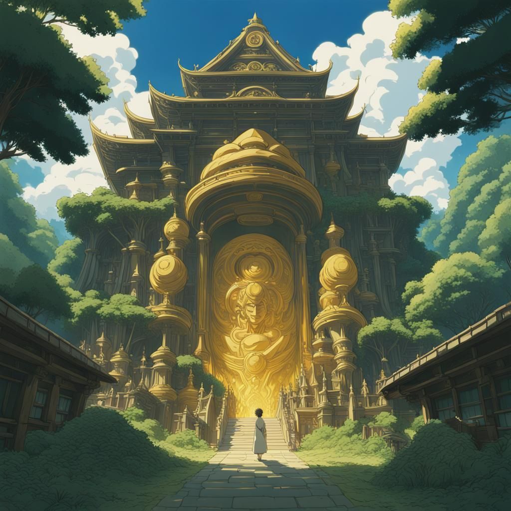 Golden Ancient Gods in Anime Key Visual Style