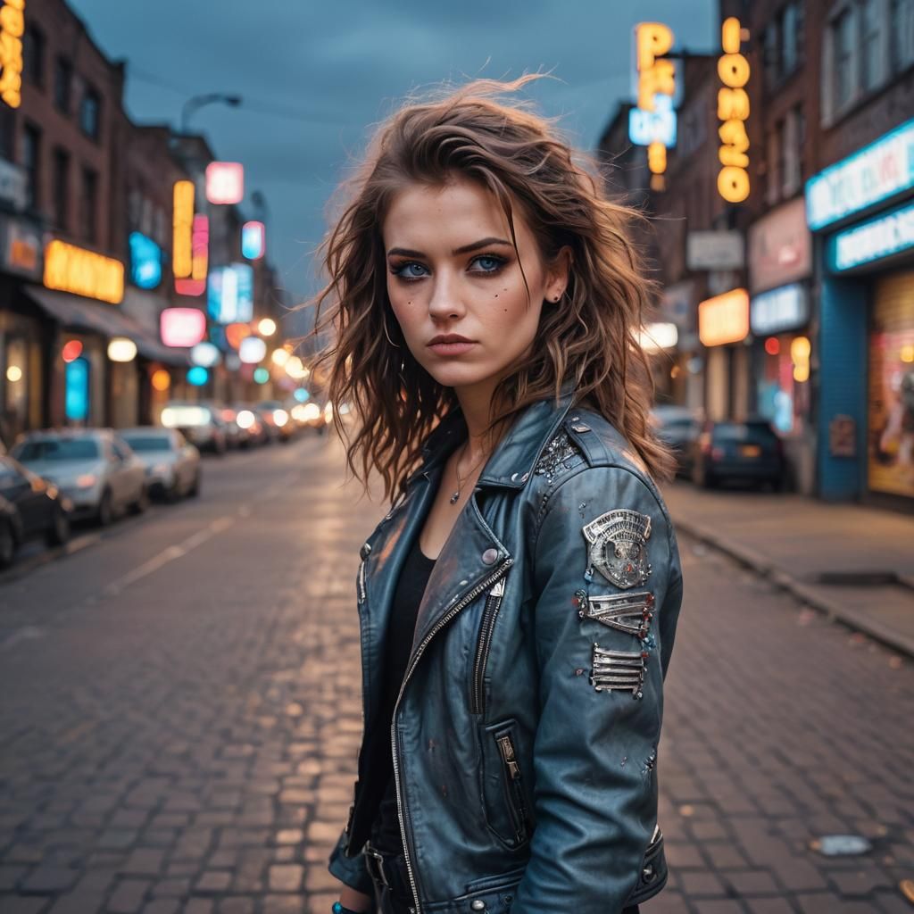 Punk-Rock Girl Headshot with Neon City Lights