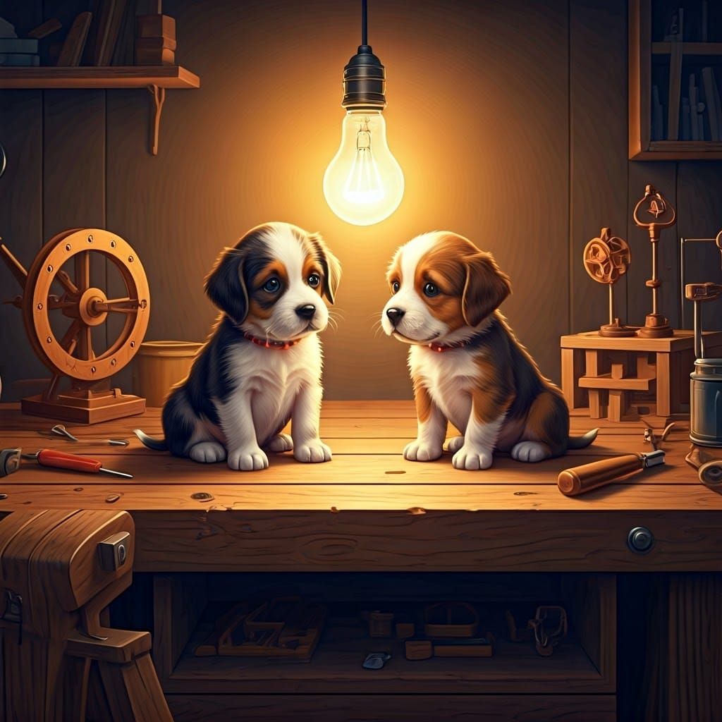 Puppies Discover the Light in Rockwell-esque Style