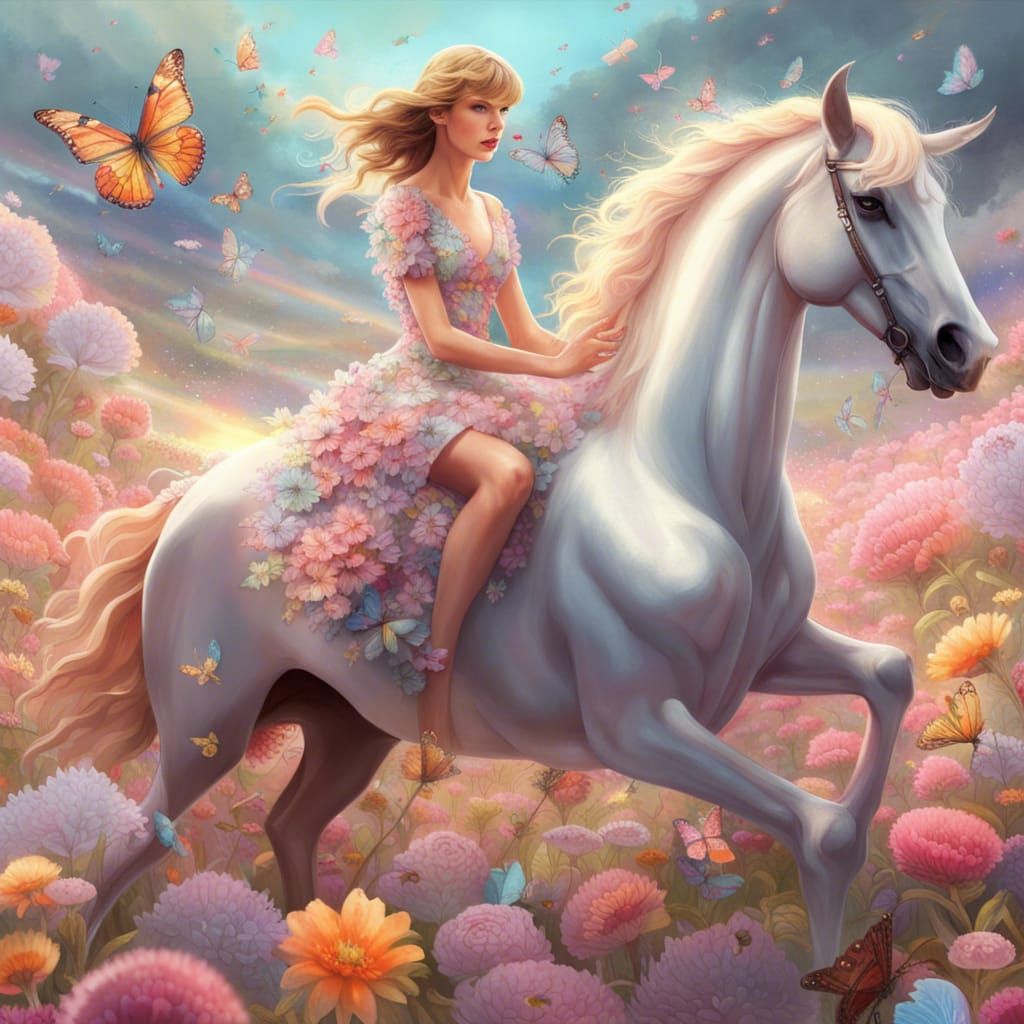 Pastel Goddess Rides Unicorn Through Flower Meadow
