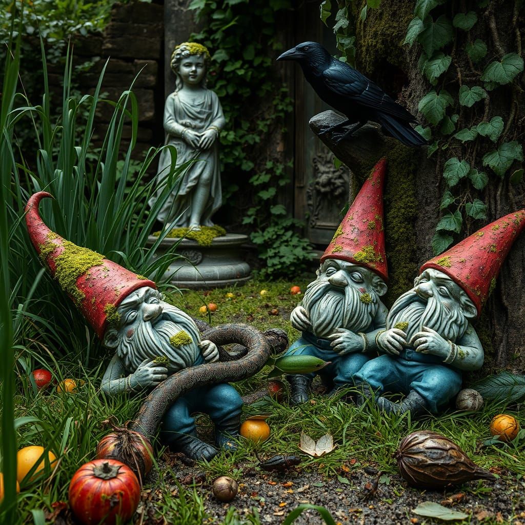 Creepy Abandoned Garden Scene with Overgrown Gnomes