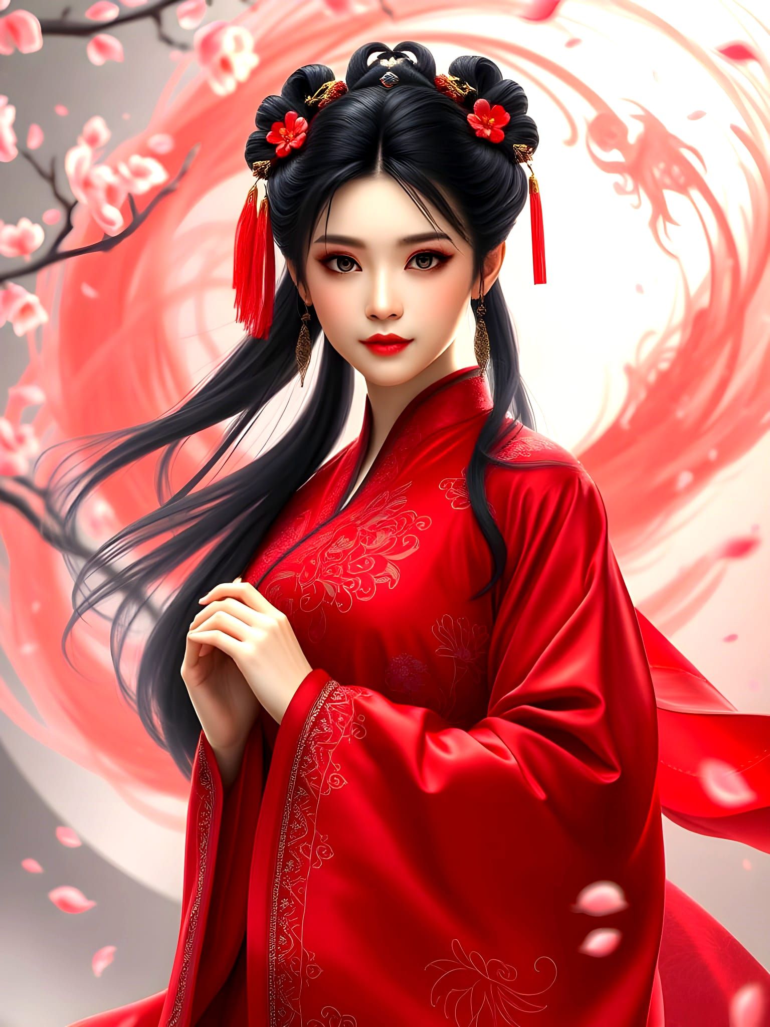 Ethereal Chinese Fantasy Goddess in Red Hanfu