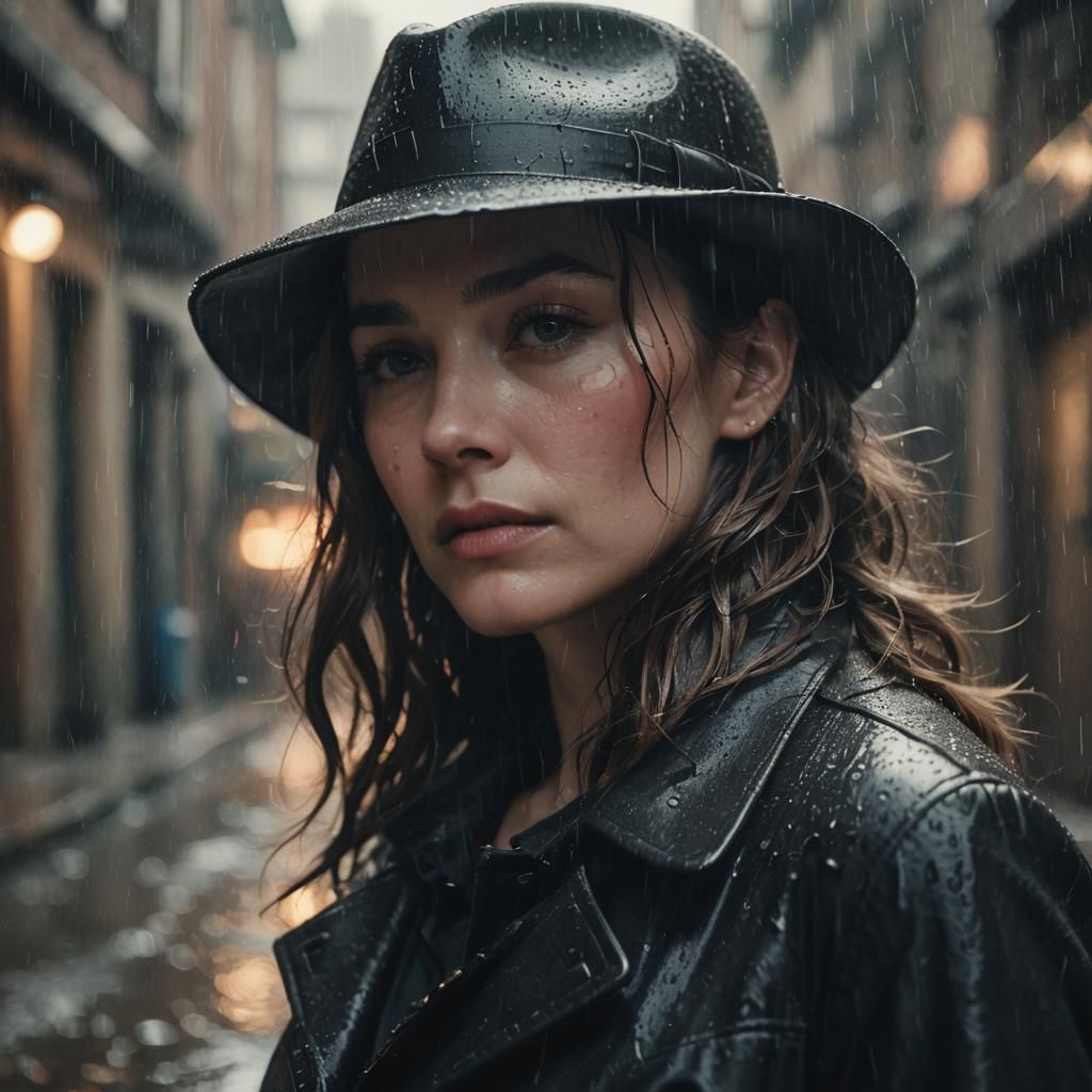 Woman in Rainy Alley: Film Noir Portrait