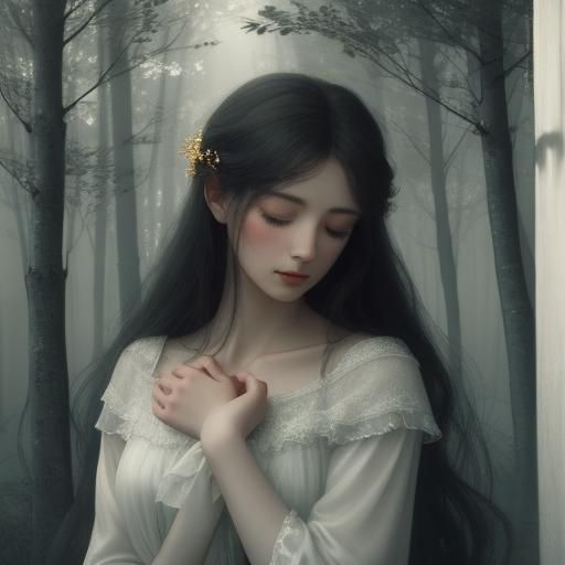 Ethereal Woman in Moonlit Forest: A Surrealist Portrait