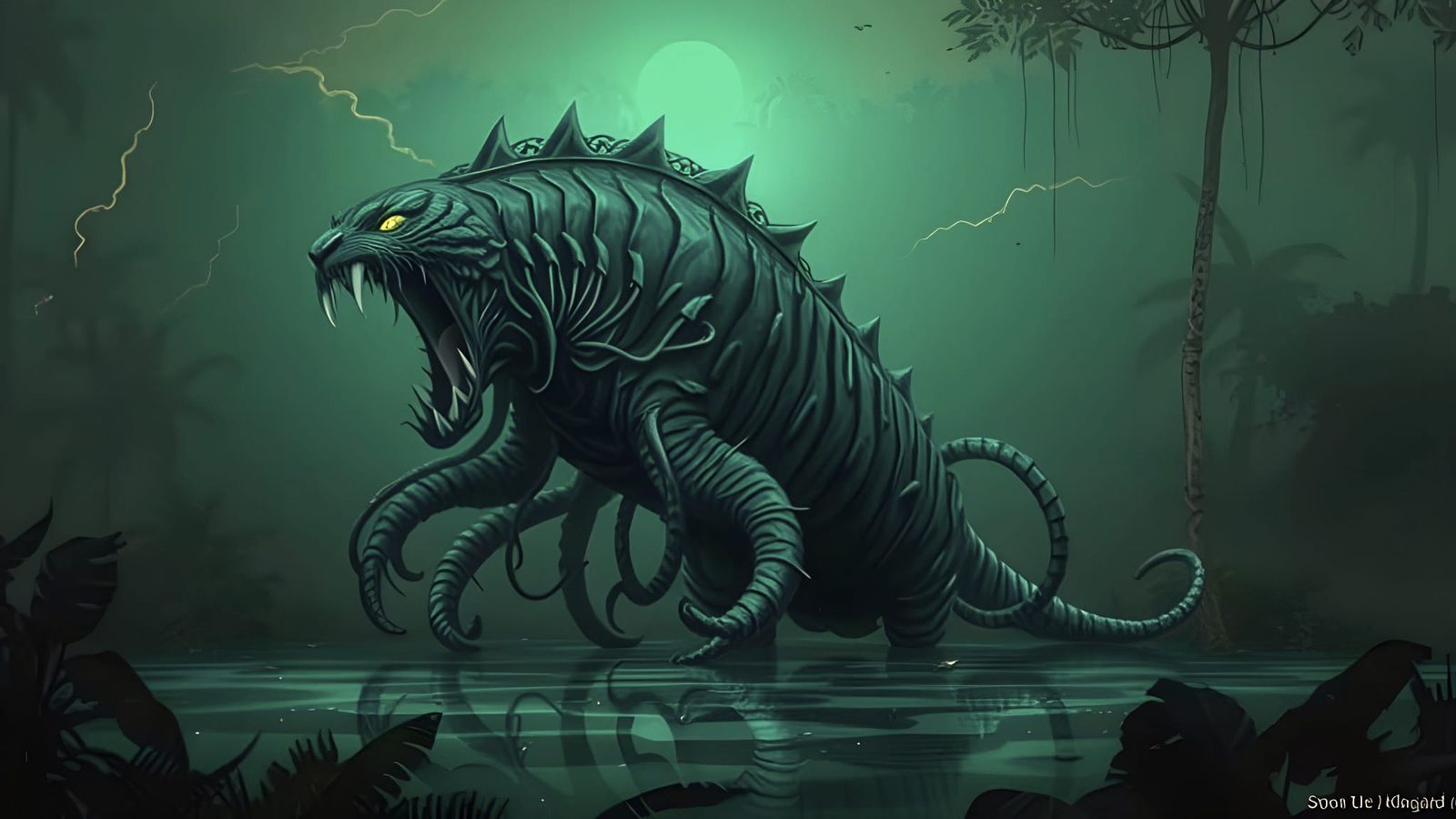 Surreal Squid Tiger Emerges from Tropical Swamp