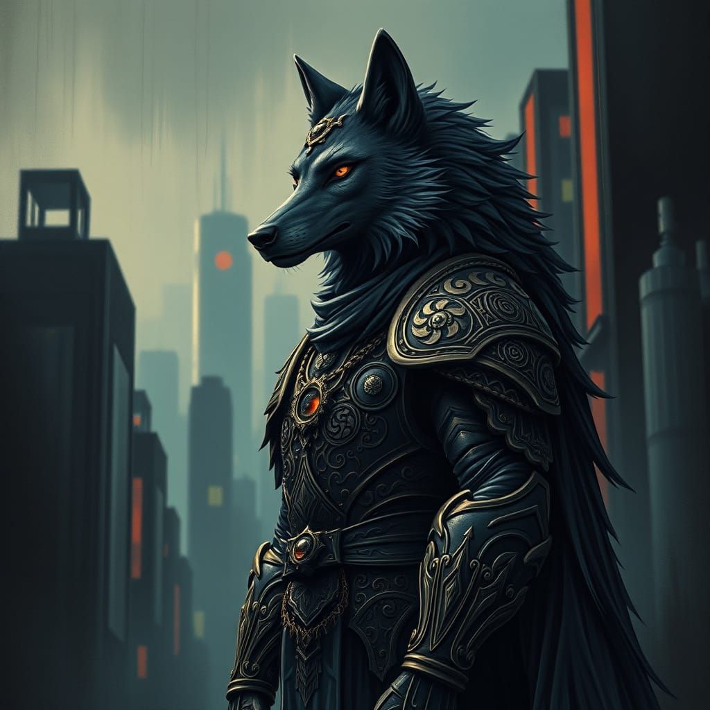 Cyberpunk Wolf Deity in Art Nouveau Armor