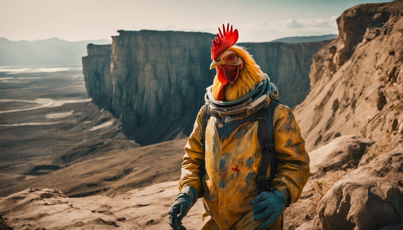 Leonardo da Vinci in Vibrant Chicken Suit Runs Along Cliffsi...