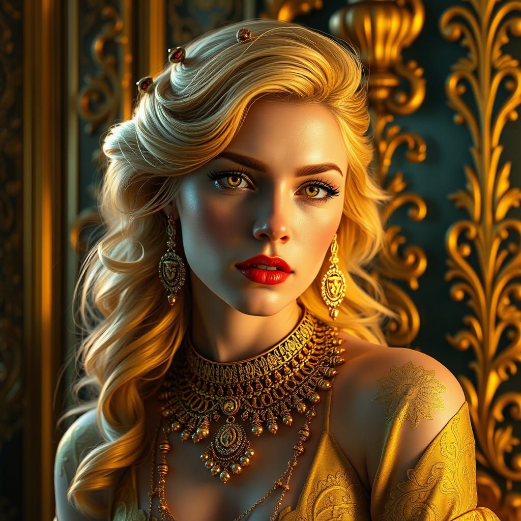 Golden Woman Portrait in Fantasy Realism Style