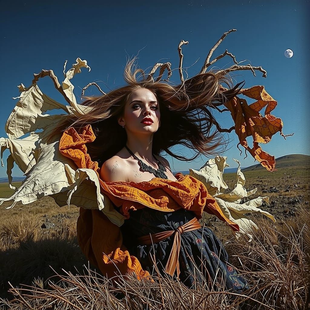 Glamorous Woman on Windswept Moor at Twilight Oil Painting