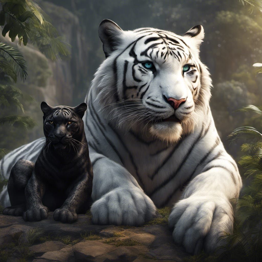 White Siberian Tiger and Black Panther in Detailed Painting