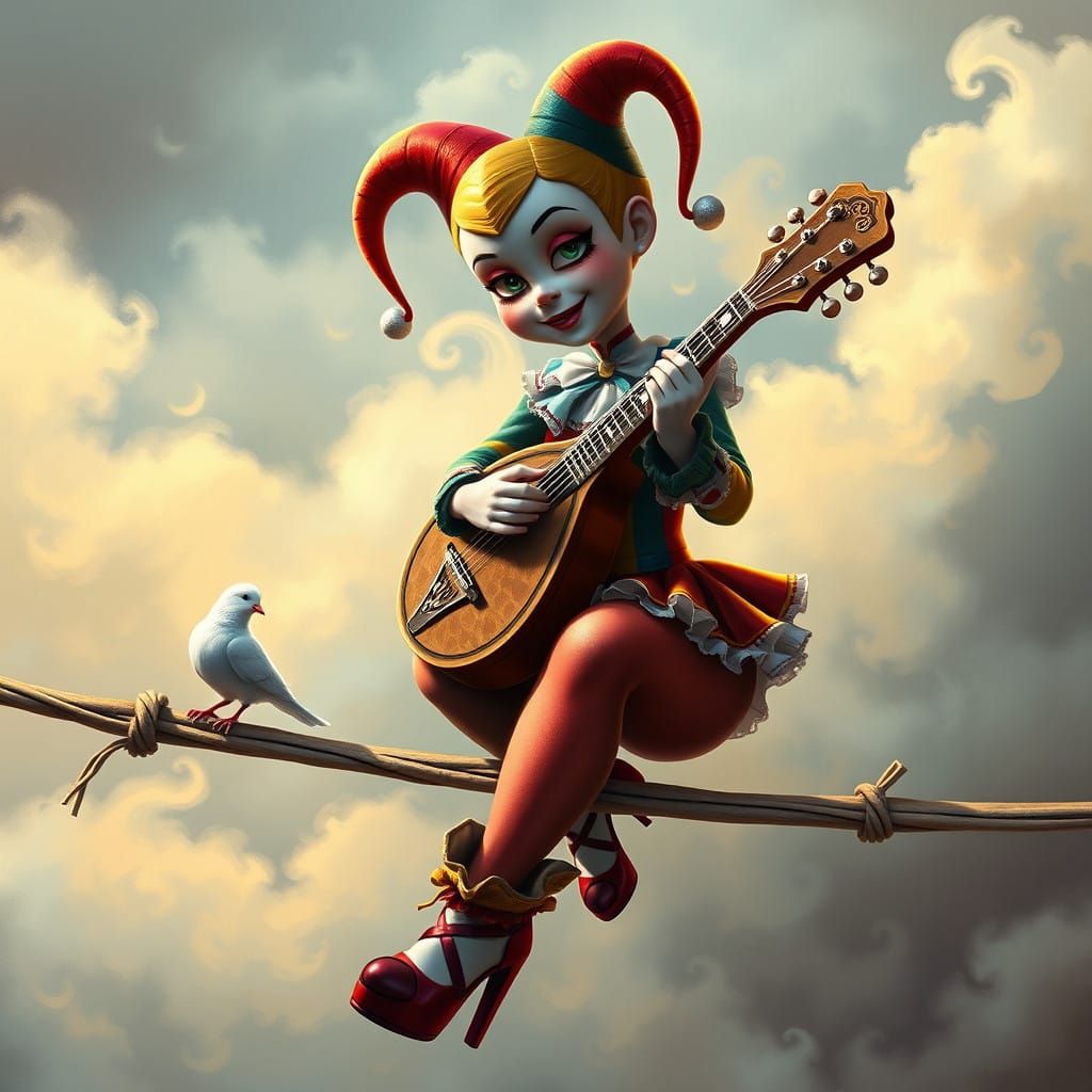 Whimsical Jester Harley Quinn Plays Mandolin Amidst Swirling...