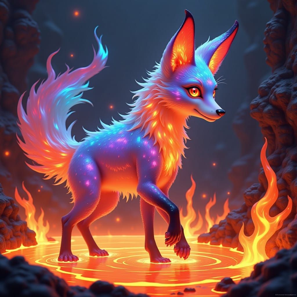 Majestic Diamond Fox Walks Fiery Lava Pool in Dreamlike Illu...